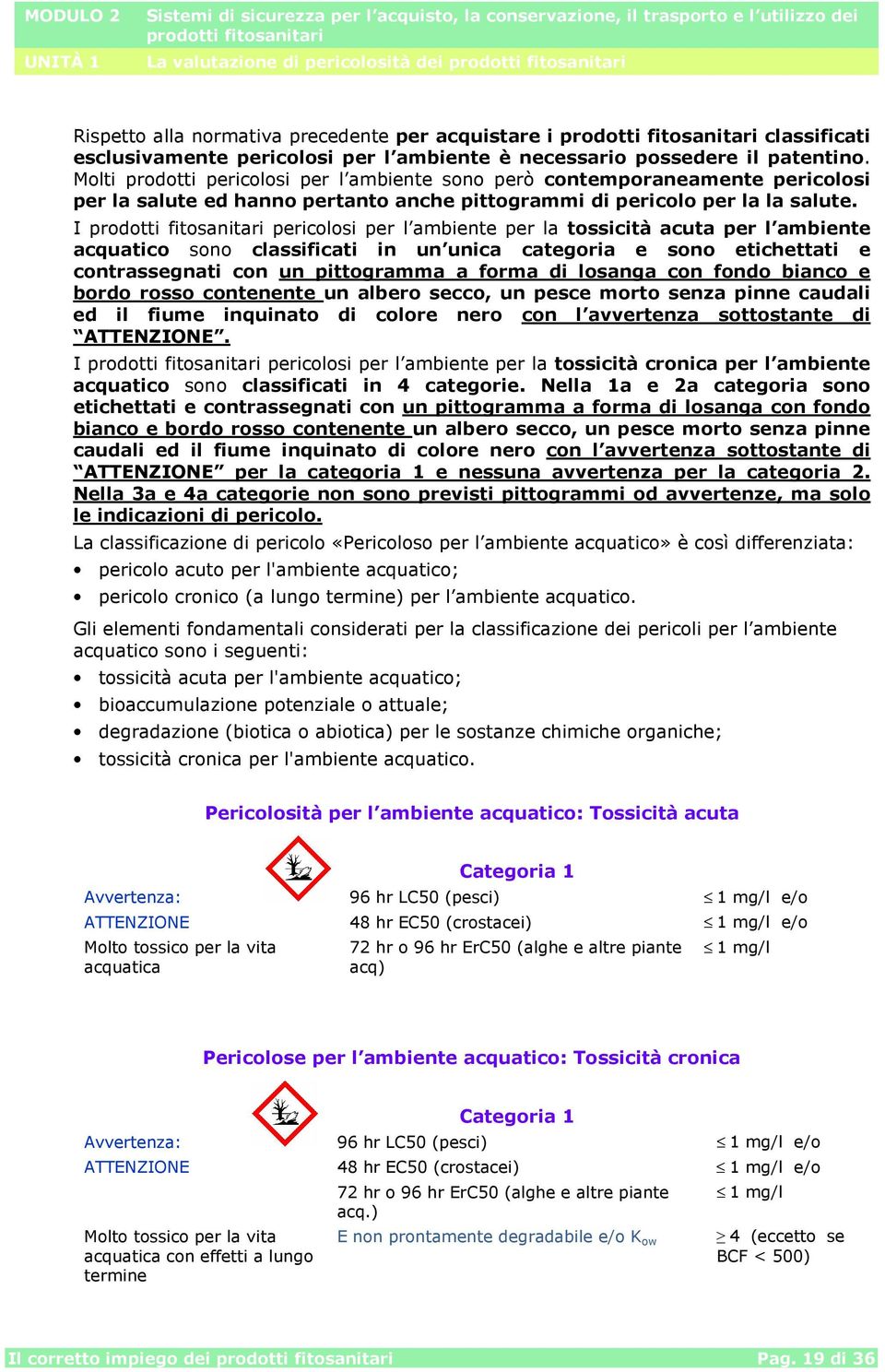 I pericolosi per l ambiente per la tossicità acuta per l ambiente acquatico sono classificati in un unica categoria e sono etichettati e contrassegnati con un pittogramma a forma di losanga con fondo