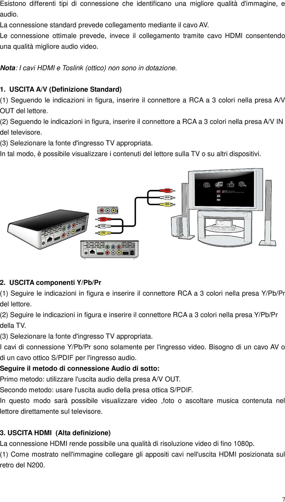 USCITA A/V (Definizione Standard) (1) Seguendo le indicazioni in figura, inserire il connettore a RCA a 3 colori nella presa A/V OUT del lettore.