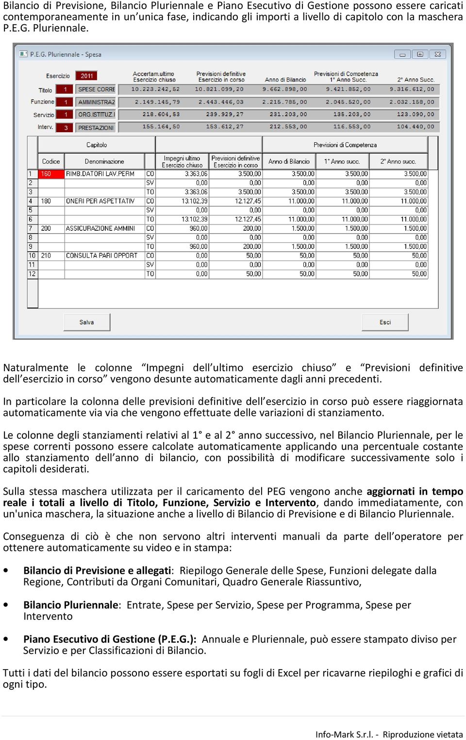 Naturalmente le colonne Impegni dell ultimo esercizio chiuso e Previsioni definitive dell esercizio in corso vengono desunte automaticamente dagli anni precedenti.