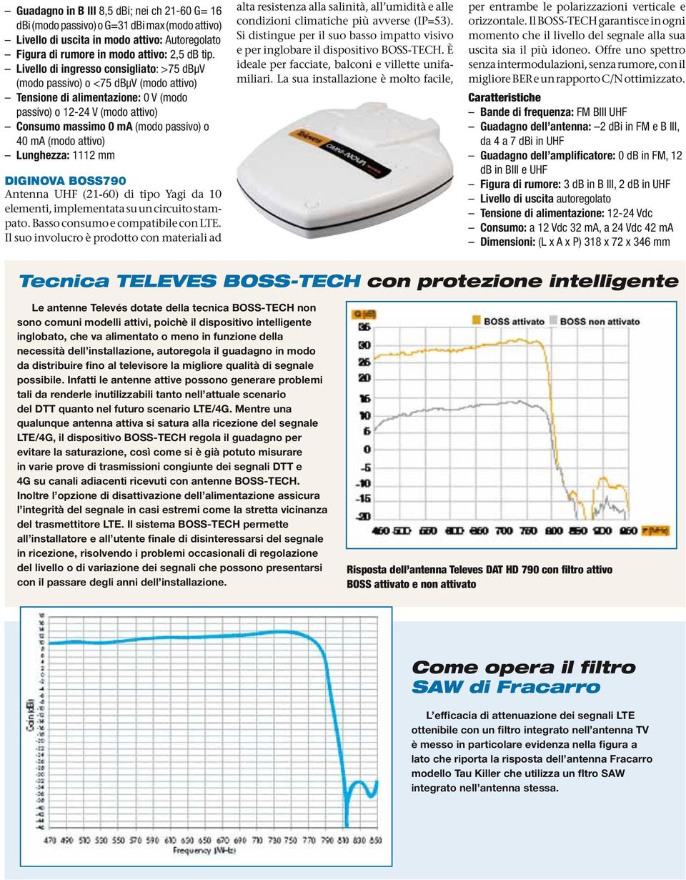 (modo attivo) Lunghezza: 1112 mm DIGINOVA BOSS790 Antenna UHF (21-60) di tipo Yagi da 10 elementi, implementata su un circuito stampato. Basso consumo e compatibile con LTE.