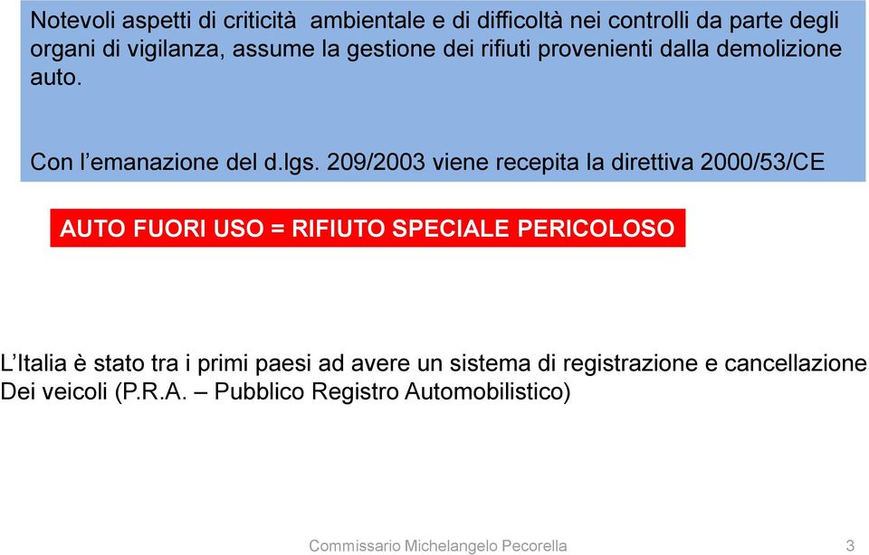 209/2003 viene recepita la direttiva 2000/53/CE AUTO FUORI USO = RIFIUTO SPECIALE PERICOLOSO L Italia è stato tra i