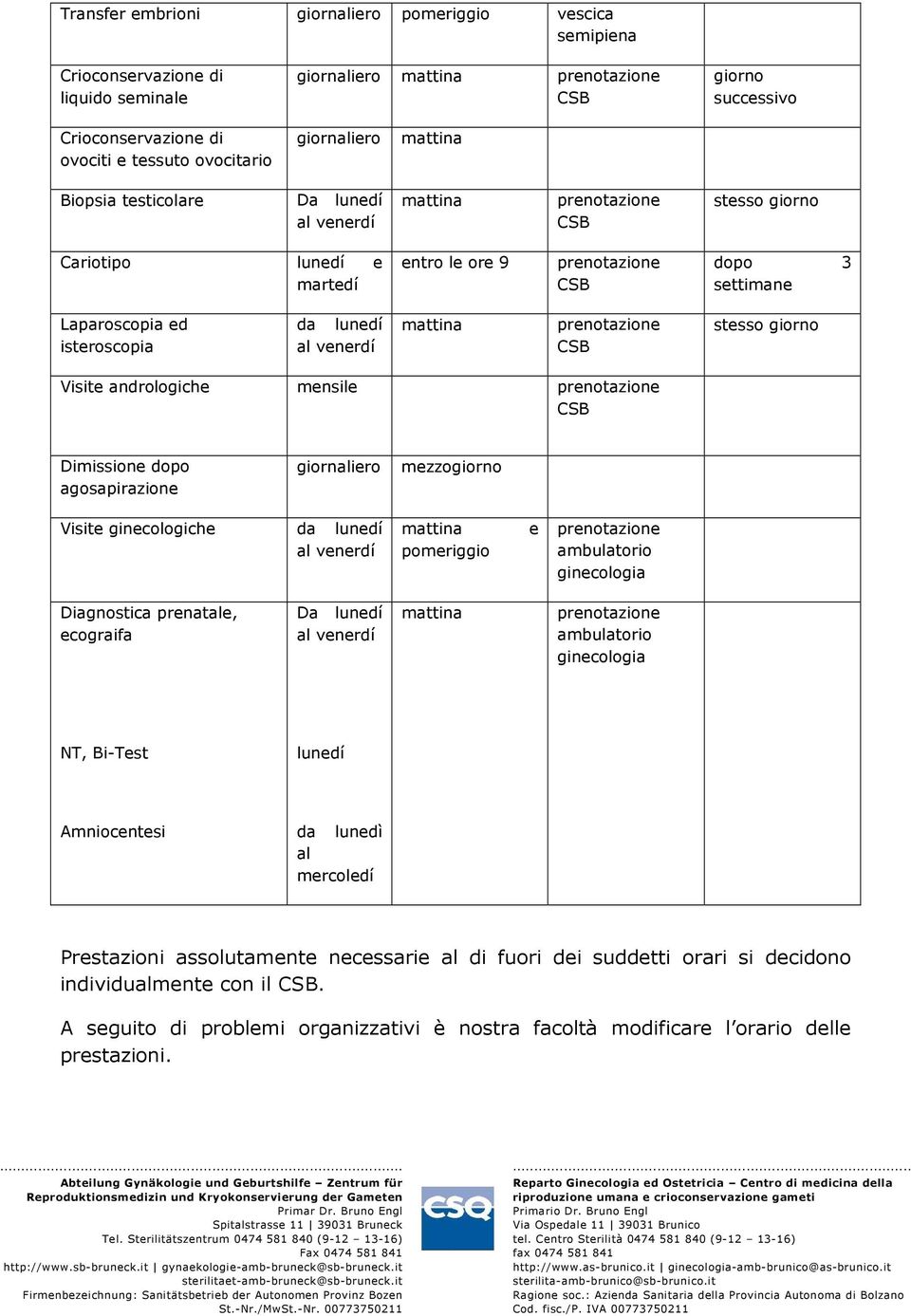 ed isteroscopia da lunedí al venerdí mattina prenotazione CSB stesso giorno Visite andrologiche mensile prenotazione CSB Dimissione dopo agosapirazione giornaliero mezzogiorno Visite ginecologiche da