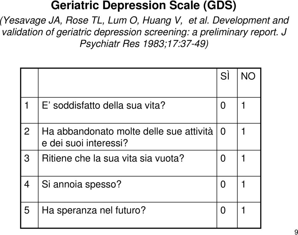 J Psychiatr Res 1983;17:37-49) SÌ NO 1 E soddisfatto della sua vita?