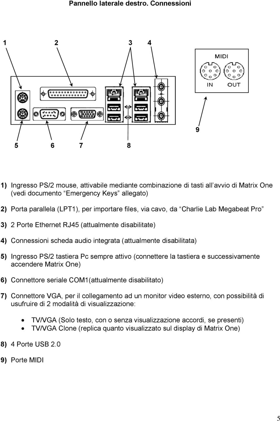 importare files, via cavo, da Charlie Lab Megabeat Pro 3) 2 Porte Ethernet RJ45 (attualmente disabilitate) 4) Connessioni scheda audio integrata (attualmente disabilitata) 5) Ingresso PS/2 tastiera