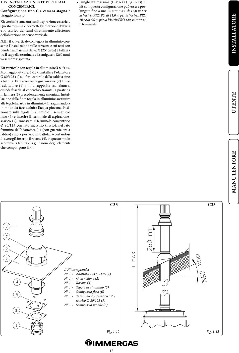 : il kit verticale con tegola in alluminio consente l installazione sulle terrazze e sui tetti con pendenza massima del 45% (25 circa) e l altezza tra il cappello terminale e il semiguscio (260 mm)