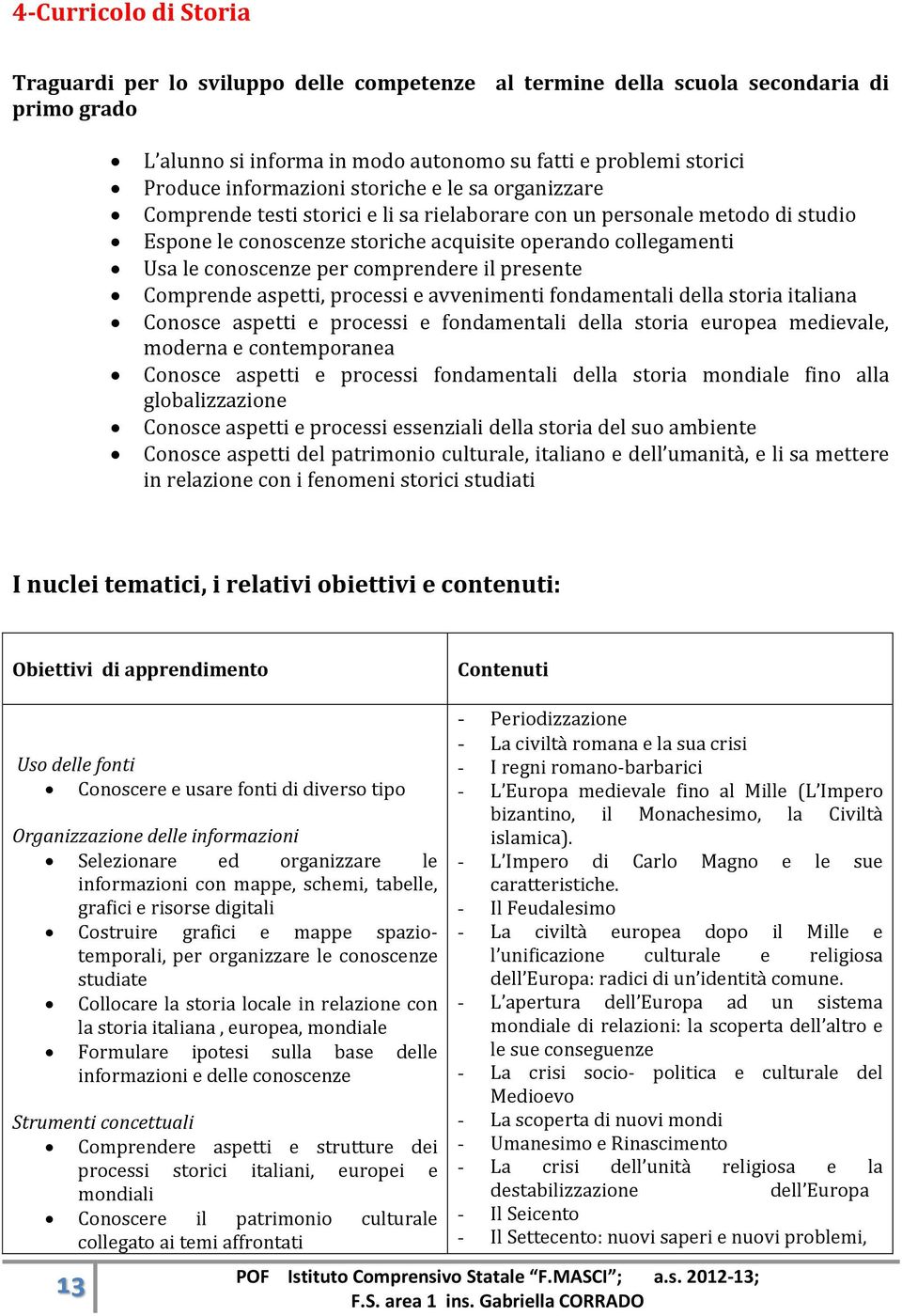 per comprendere il presente Comprende aspetti, processi e avvenimenti fondamentali della storia italiana Conosce aspetti e processi e fondamentali della storia europea medievale, moderna e