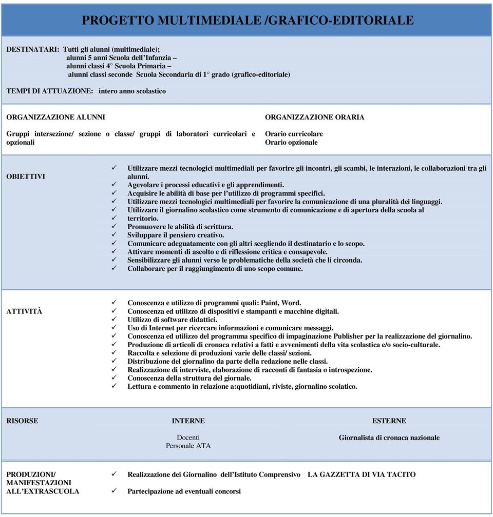 Orario curricolare Orario opzionale OBIETTIVI Utilizzare mezzi tecnologici multimediali per favorire gli incontri, gli scambi, le interazioni, le collaborazioni tra gli alunni.