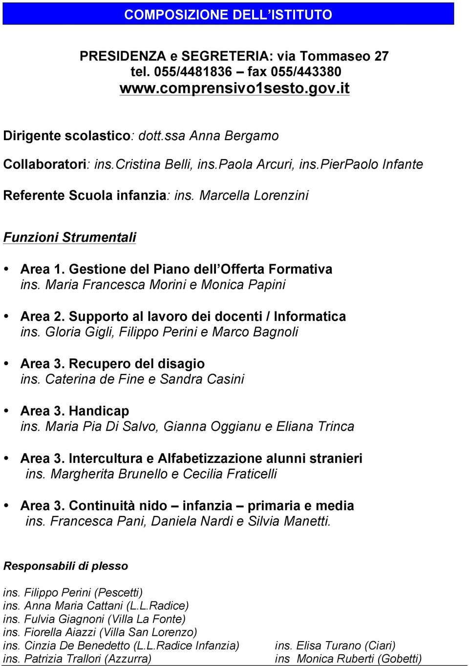 Maria Francesca Morini e Monica Papini Area 2. Supporto al lavoro dei docenti / Informatica ins. Gloria Gigli, Filippo Perini e Marco Bagnoli Area 3. Recupero del disagio ins.