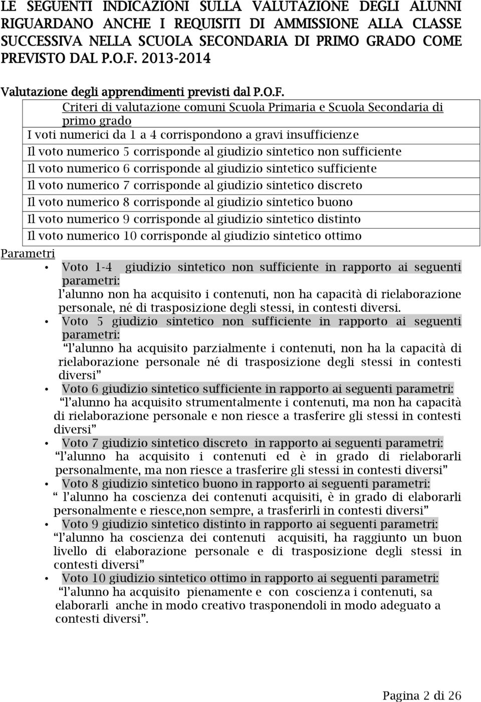 Criteri di valutazione comuni Scuola Primaria e Scuola Secondaria di primo grado I voti numerici da 1 a 4 corrispondono a gravi insufficienze Il voto numerico 5 corrisponde al giudizio sintetico non