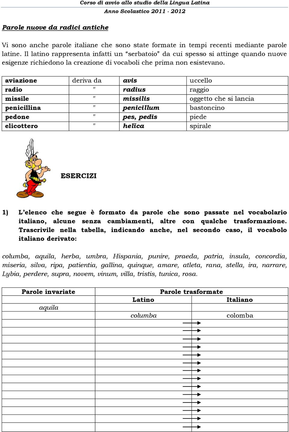 aviazione deriva da avis uccello radio radius raggio missile missilis oggetto che si lancia penicillina penicillum bastoncino pedone pes, pedis piede elicottero helĭca spirale ESERCIZI 1) L elenco