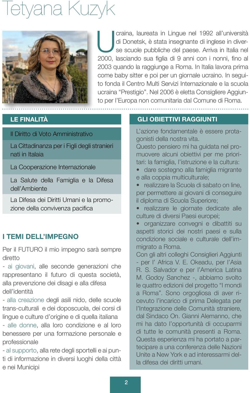 In seguito fonda il Centro Multi Servizi Internazionale e la scuola ucraina Prestigio. Nel 2006 è eletta Consigliere Aggiunto per l Europa non comunitaria dal Comune di Roma.