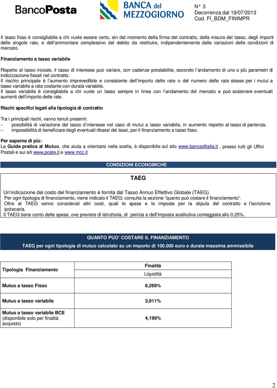 Finanziamento a tasso variabile Rispetto al tasso iniziale, il tasso di interesse può variare, con cadenze prestabilite, secondo l andamento di uno o più parametri di indicizzazione fissati nel