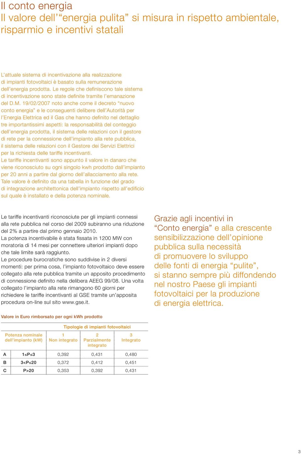 19/02/2007 noto anche come il decreto nuovo conto energia e le conseguenti delibere dell Autorità per l Energia Elettrica ed il Gas che hanno definito nel dettaglio tre importantissimi aspetti: la