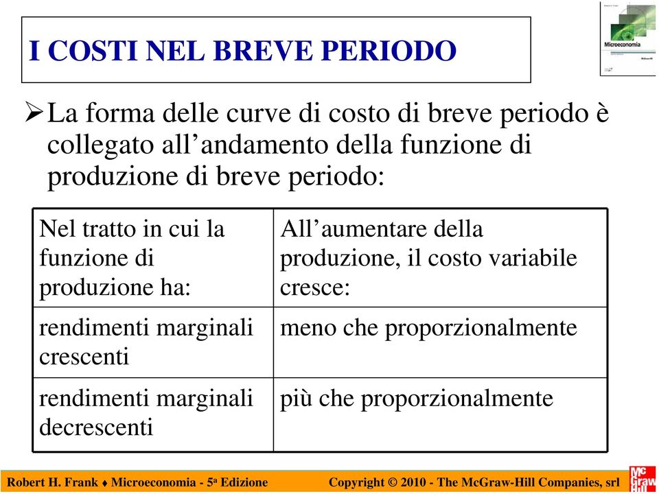 produzione ha: rendimenti marginali crescenti rendimenti marginali decrescenti All aumentare