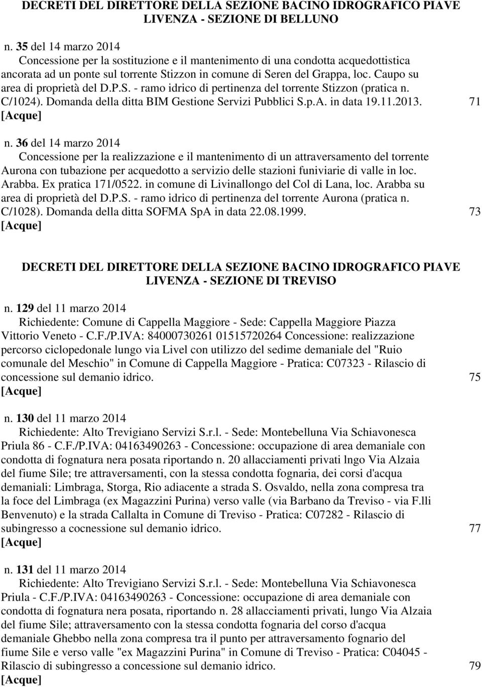 Caupo su area di proprietà del D.P.S. - ramo idrico di pertinenza del torrente Stizzon (pratica n. C/1024). Domanda della ditta BIM Gestione Servizi Pubblici S.p.A. in data 19.11.2013. 71 [Acque] n.