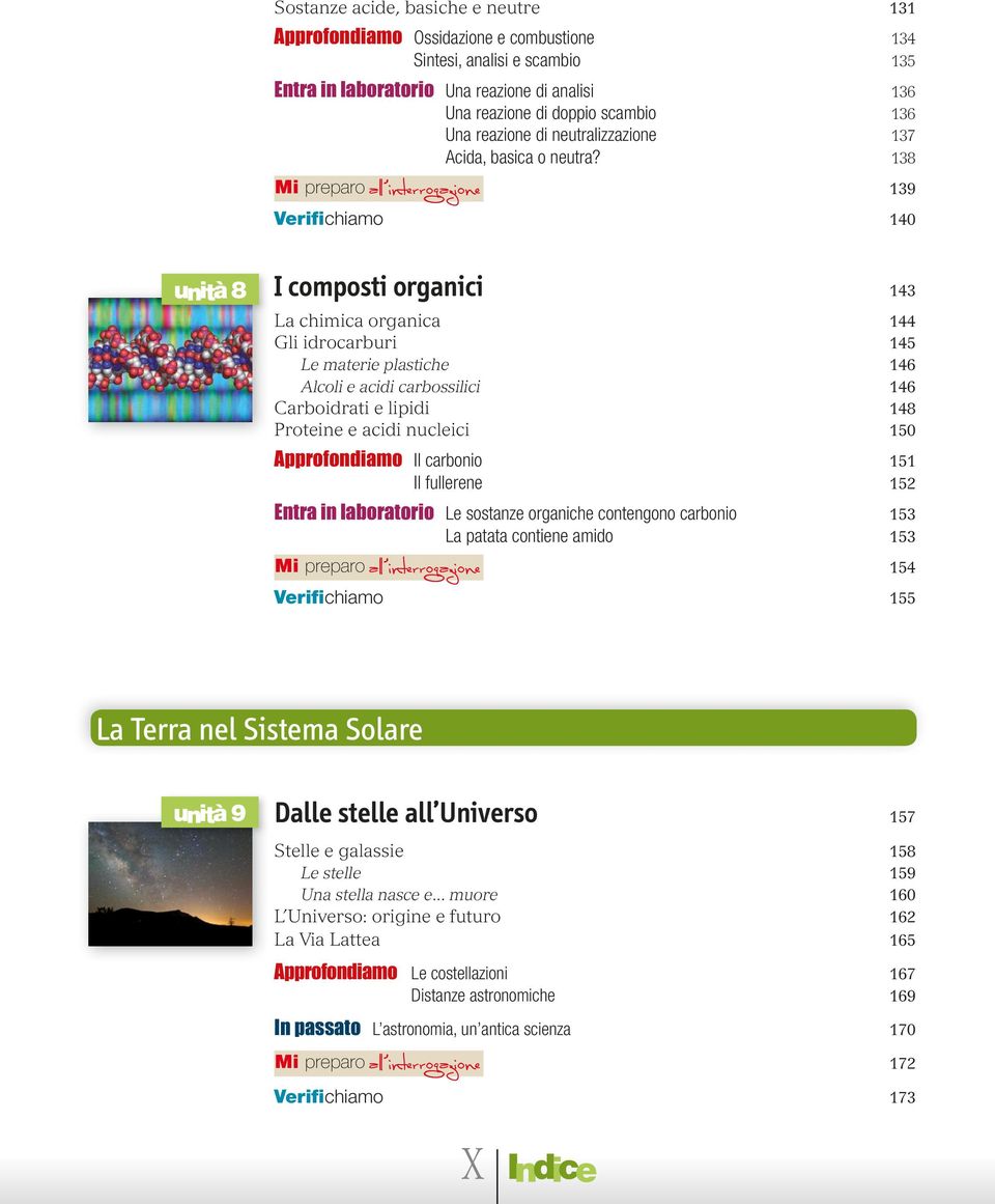 138 Mi preparo 139 Verifichiamo 140 unità 8 I composti organici 143 La chimica organica 144 Gli idrocarburi 145 Le materie plastiche 146 Alcoli e acidi carbossilici 146 Carboidrati e lipidi 148