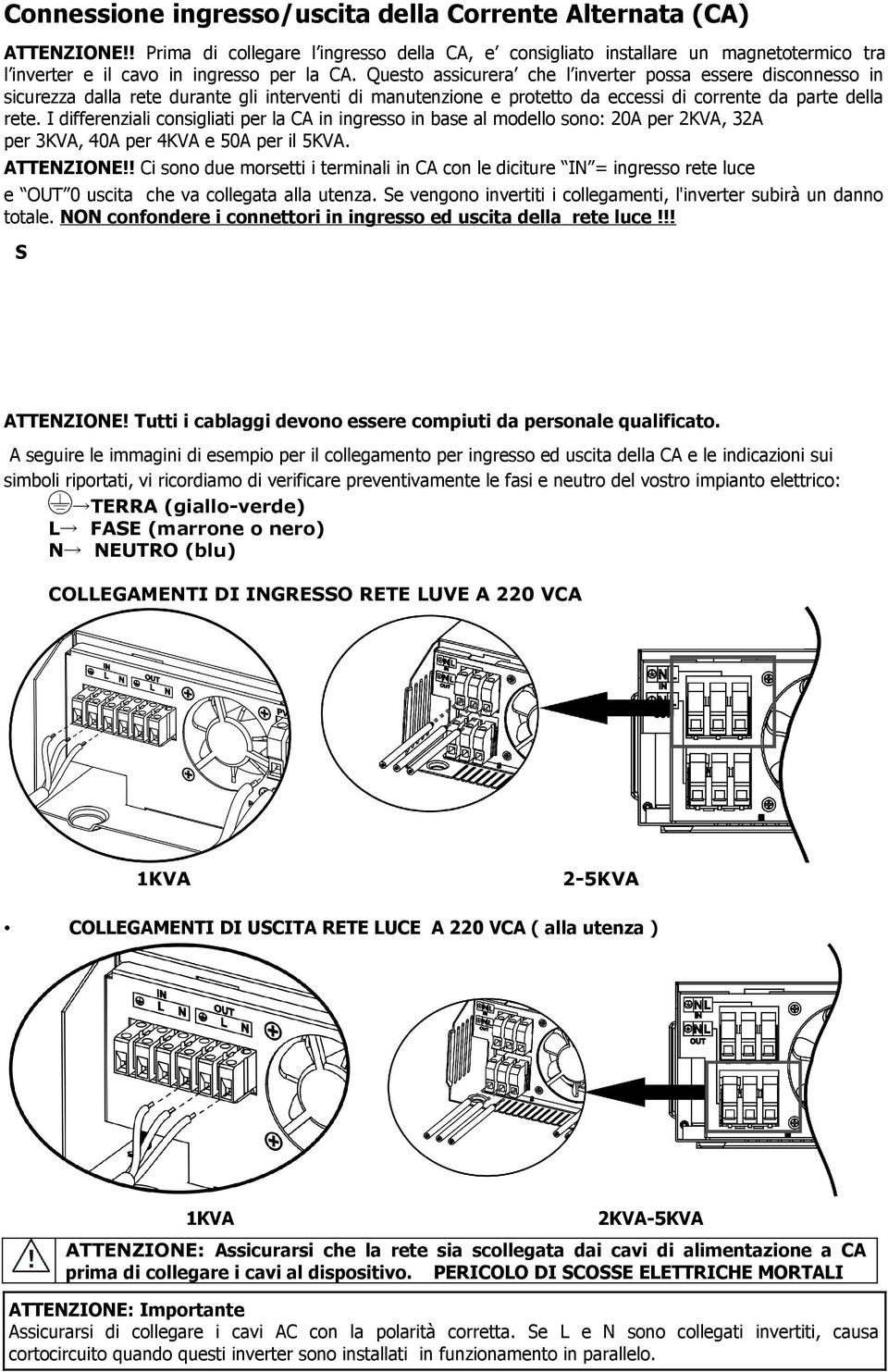 I differenziali consigliati per la CA in ingresso in base al modello sono: 20A per 2KVA, 32A per 3KVA, 40A per 4KVA e 50A per il 5KVA. ATTENZIONE!