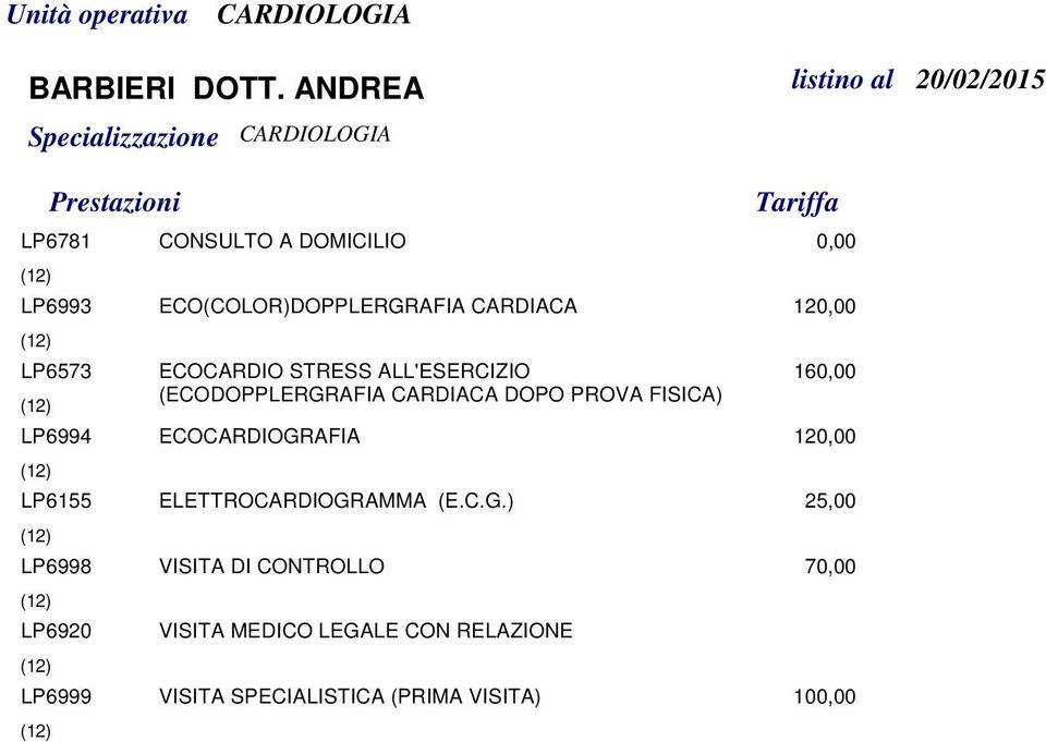 ECOCARDIO STRESS ALL'ESERCIZIO (ECODOPPLERGRAFIA CARDIACA DOPO PROVA FISICA) 160,00 LP6994