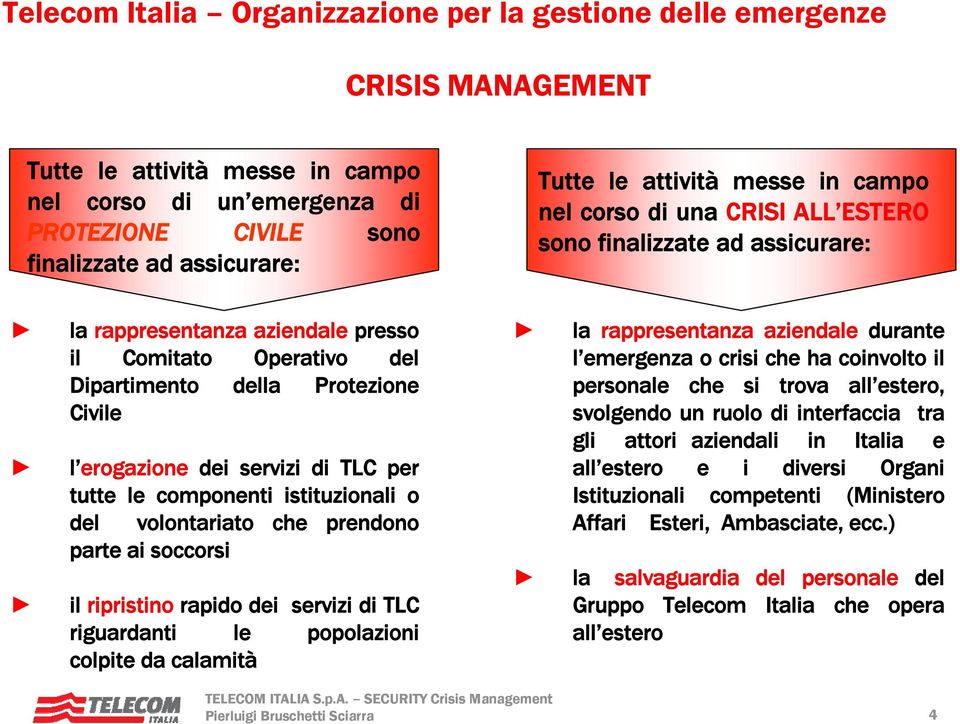 o del volontariato che prendono parte ai soccorsi il ripristino rapido dei servizi di TLC riguardanti le popolazioni colpite da calamità la rappresentanza aziendale durante l emergenza o crisi che ha