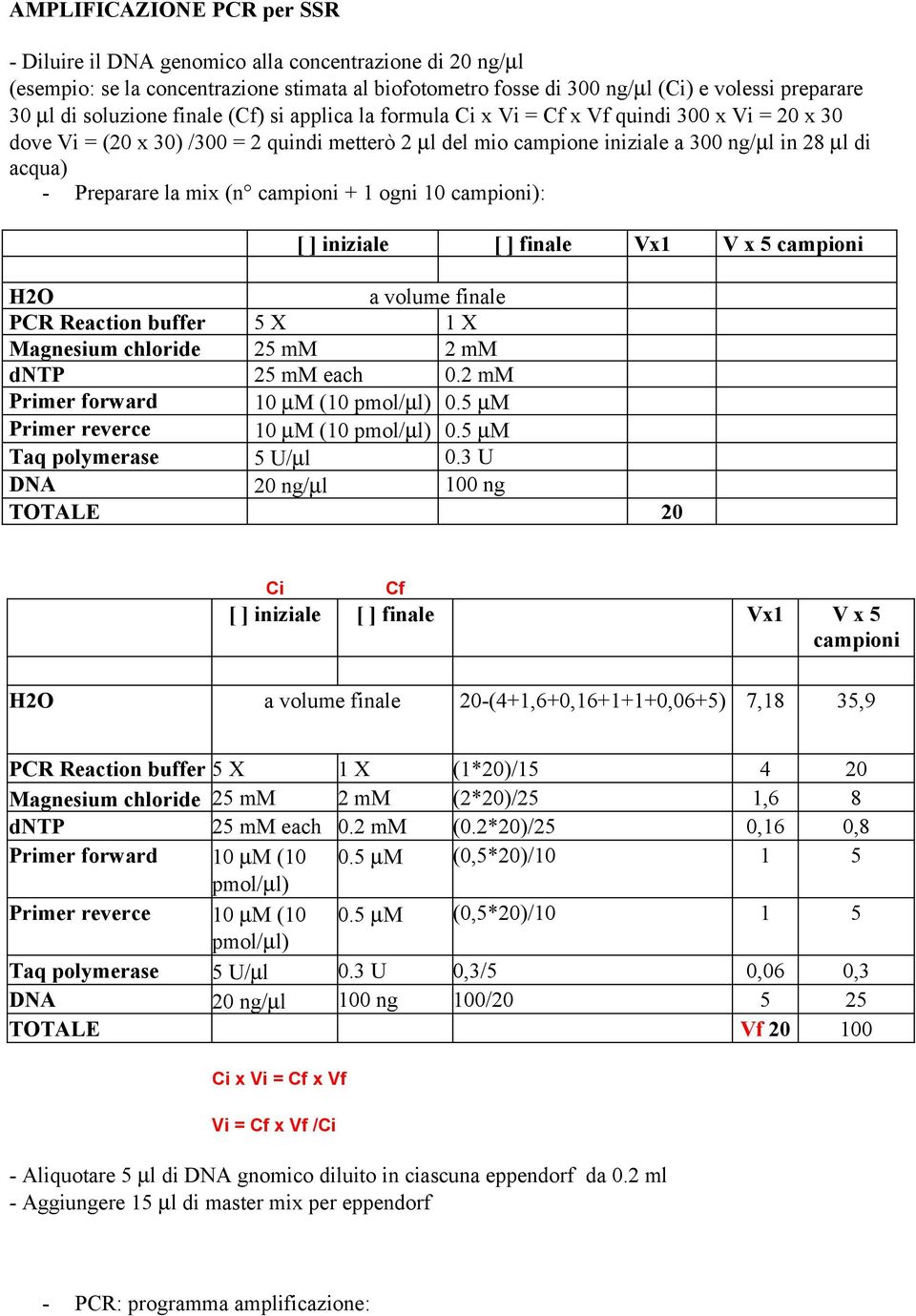 Preparare la mix (n campioni + 1 ogni 10 campioni): [ ] iniziale H2O PCR Reaction buffer Magnesium chloride dntp Primer forward Primer reverce Taq polymerase DNA TOTALE H2O [ ] finale Vx1 a volume