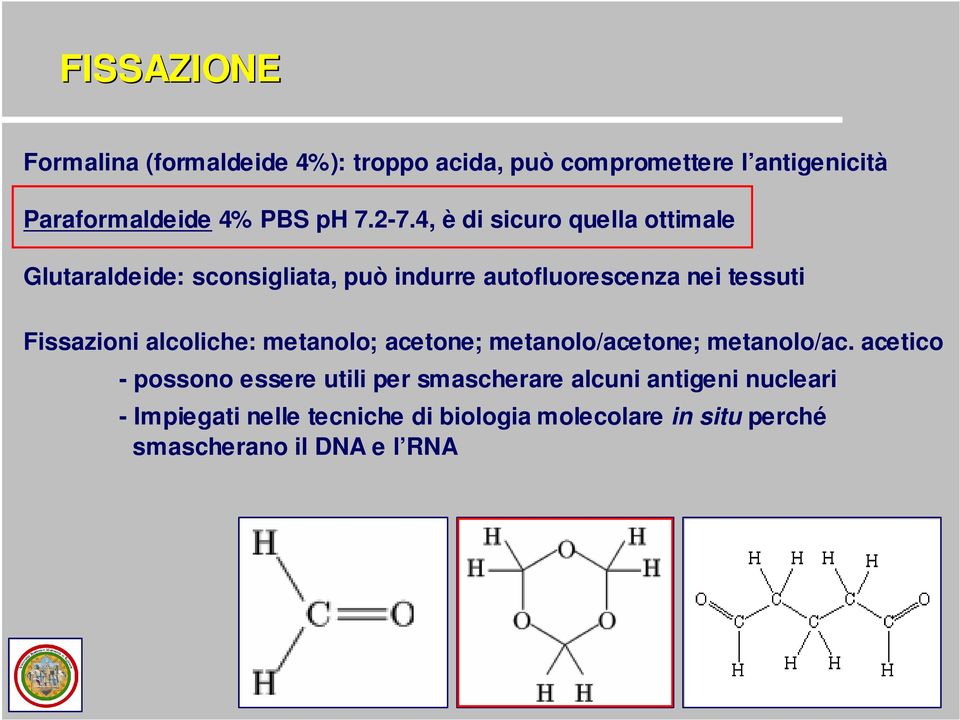 Fissazioni alcoliche: metanolo; acetone; metanolo/acetone; metanolo/ac.