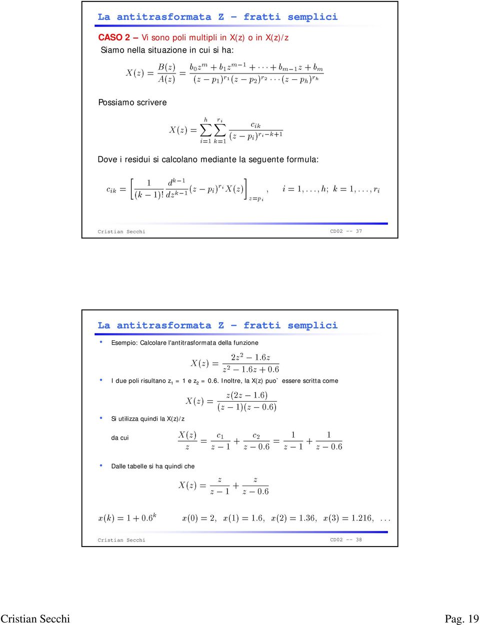 fratti semplici Esempio: Calcolare l'antitrasformata della funzione I due poli risultano z 1 = 1 e z 2 = 0.6.