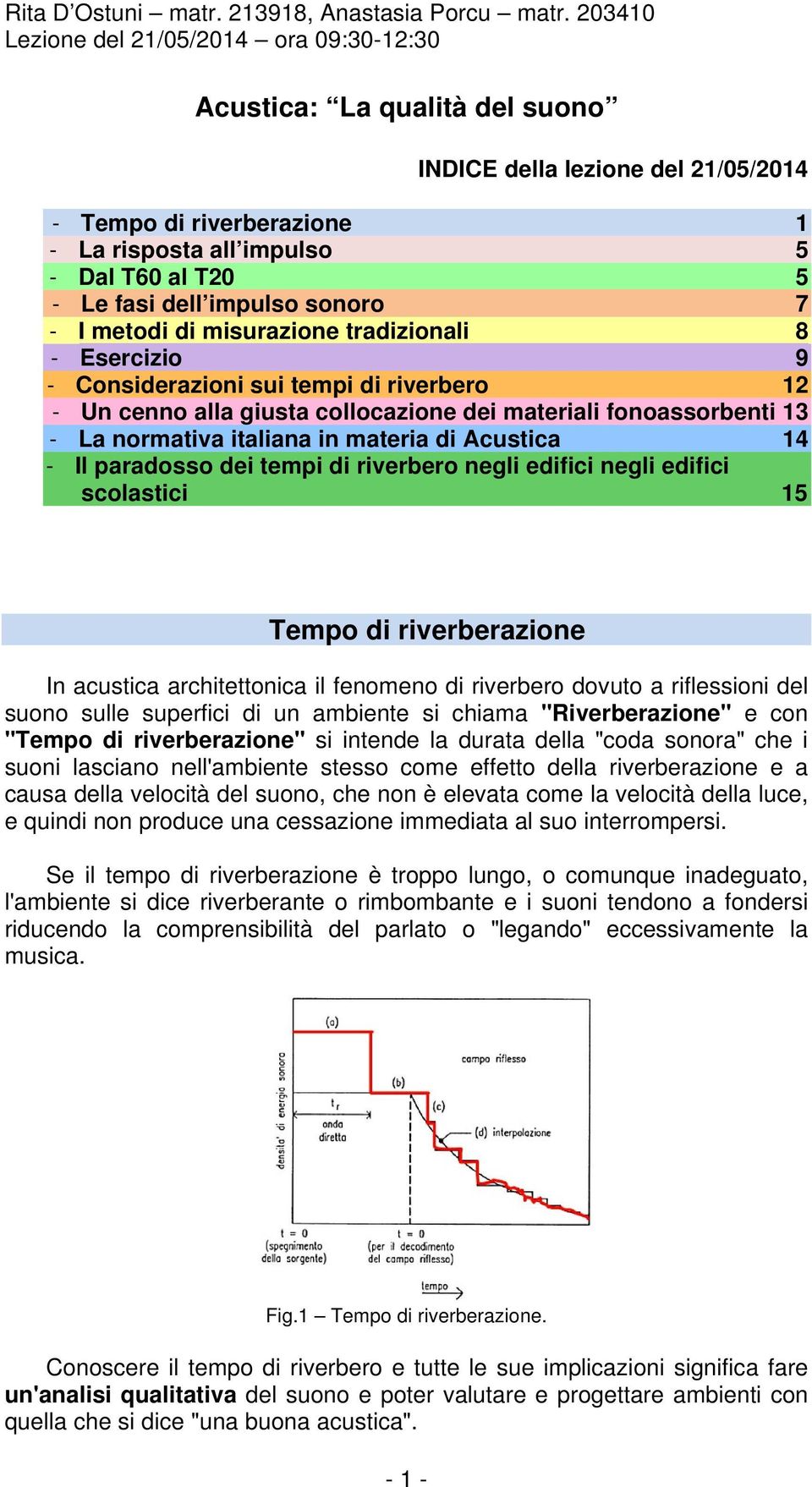 impulso sonoro 7 - I metodi di misurazione tradizionali 8 - Esercizio 9 - Considerazioni sui tempi di riverbero 1 - Un cenno alla giusta collocazione dei materiali fonoassorbenti 13 - La normativa