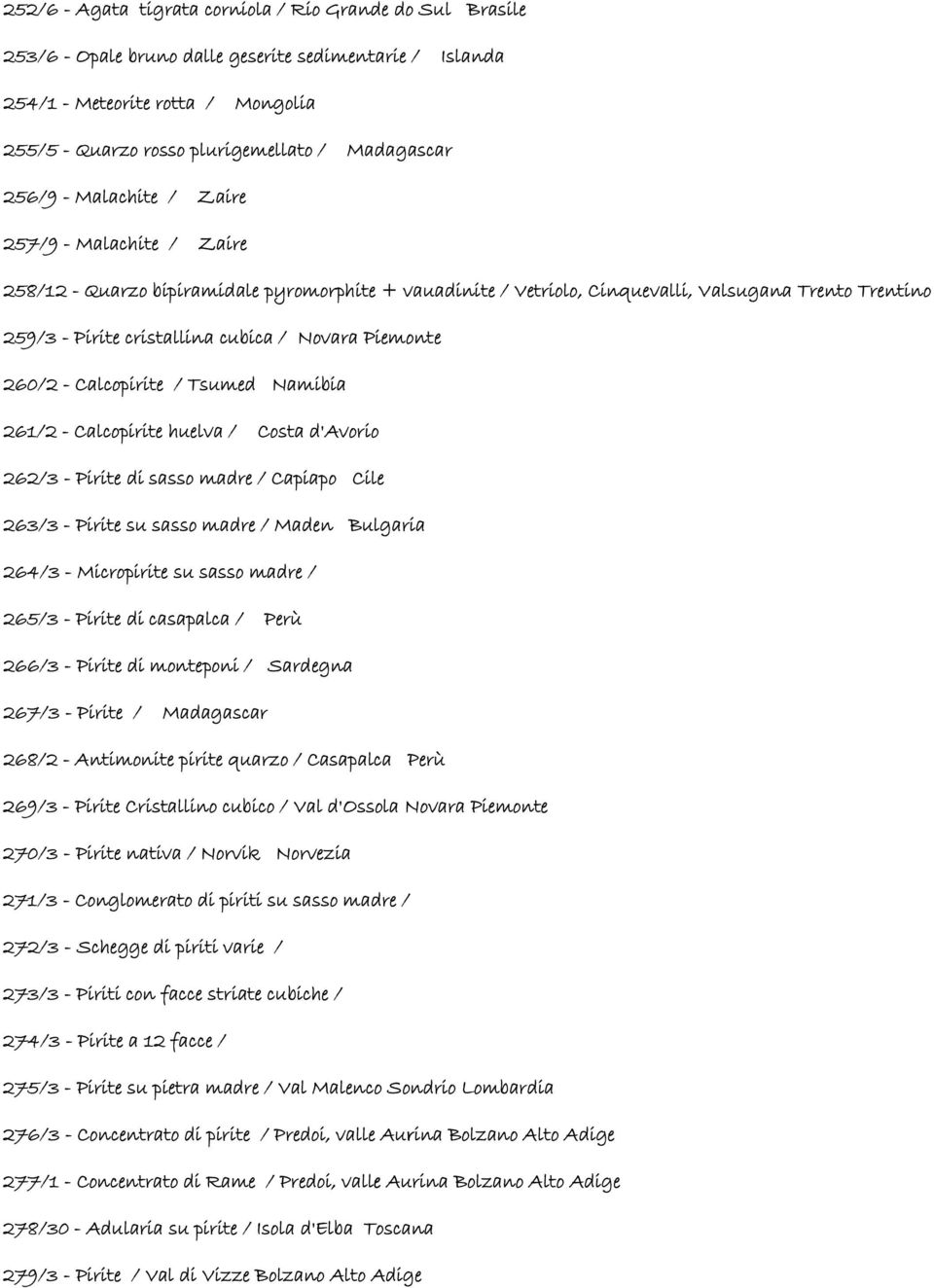 cubica / Novara Piemonte 260/2 - Calcopirite / Tsumed Namibia 261/2 - Calcopirite huelva / Costa d'avorio 262/3 - Pirite di sasso madre / Capiapo Cile 263/3 - Pirite su sasso madre / Maden Bulgaria