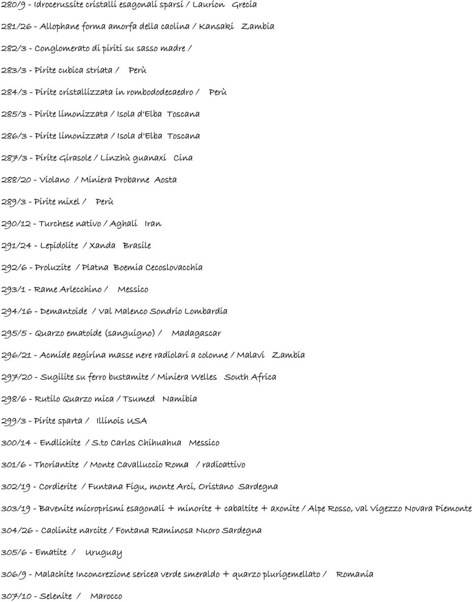 Linzhù guanaxi Cina 288/20 - Violano / Miniera Probarne Aosta 289/3 - Pirite mixel / Perù 290/12 - Turchese nativo / Aghali Iran 291/24 - Lepidolite / Xanda Brasile 292/6 - Proluzite / Platna Boemia