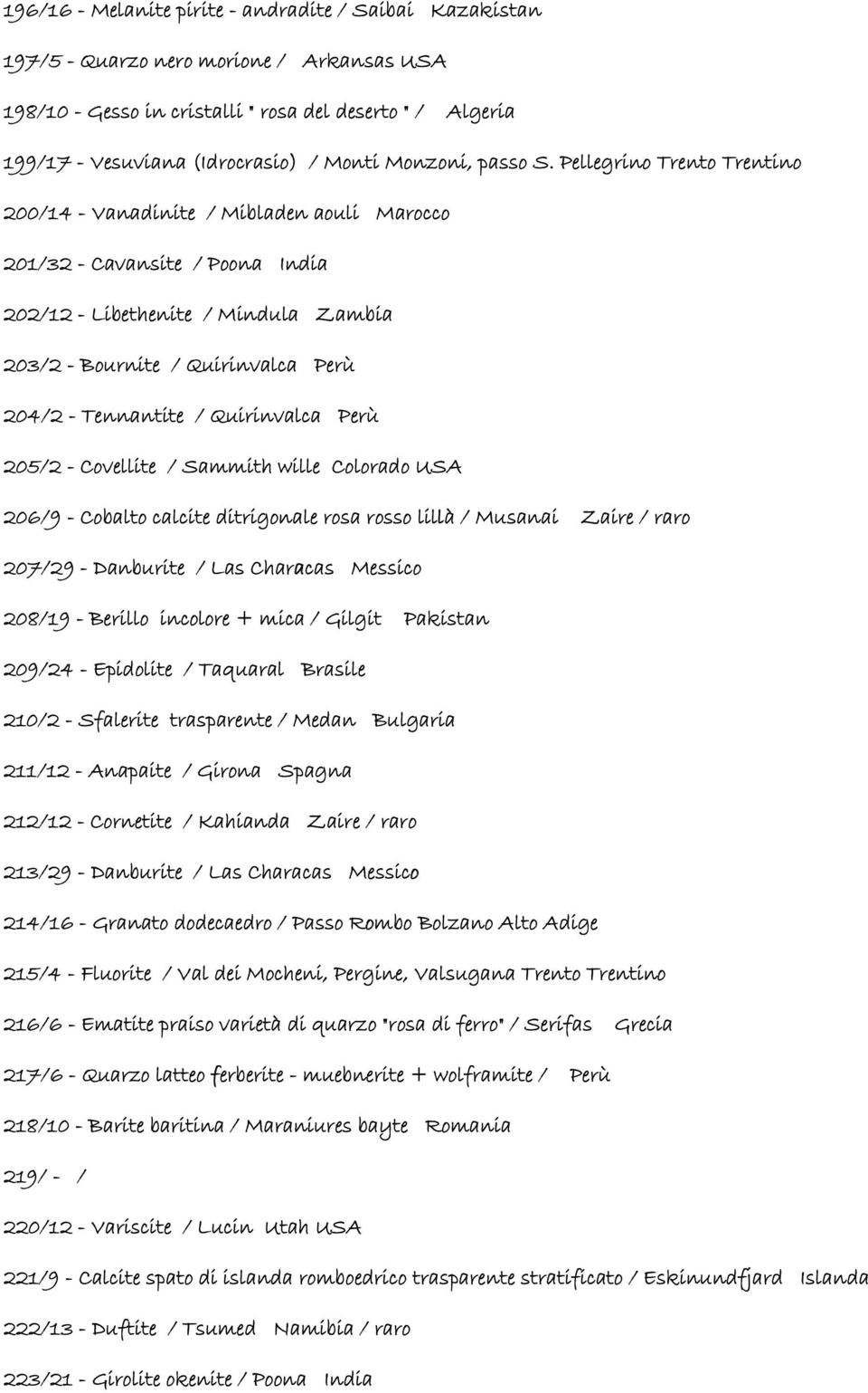 Pellegrino Trento Trentino 200/14 - Vanadinite / Mibladen aouli Marocco 201/32 - Cavansite / Poona India 202/12 - Libethenite / Mindula Zambia 203/2 - Bournite / Quirinvalca Perù 204/2 - Tennantite /