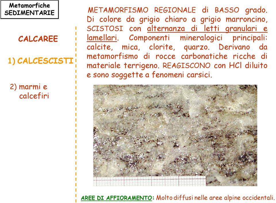 Componenti mineralogici principali: calcite, mica, clorite, quarzo.
