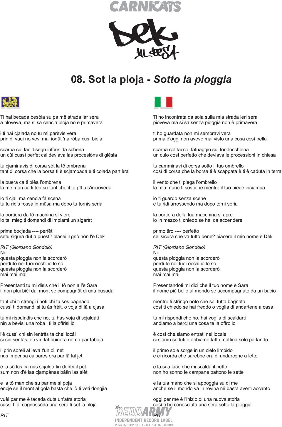 e ti colada partièra la buèra ca ti plèa l'ombrena la me man ca ti ten su tant che il tò pît a s'inciovèda io ti cjali ma cencia fâ scena tu tu ridis rossa in mûsa ma dopo tu tornis seria la portiera