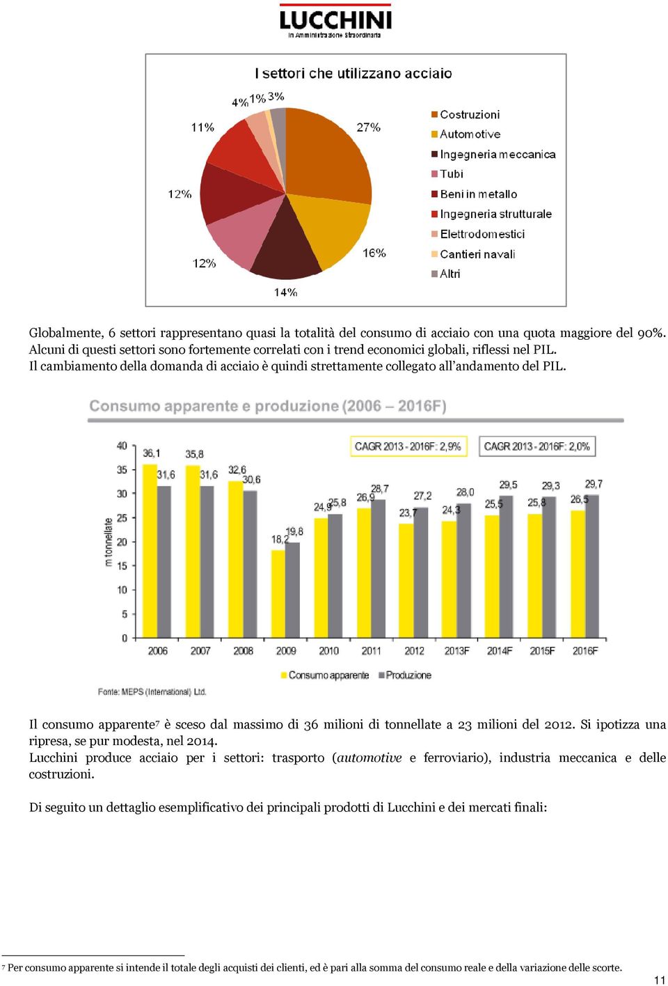 Il consumo apparente 7 è sceso dal massimo di 36 milioni di tonnellate a 23 milioni del 2012. Si ipotizza una ripresa, se pur modesta, nel 2014.