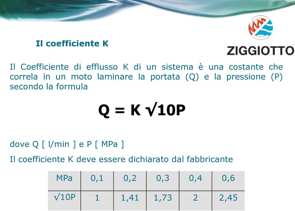 secondo la formula Q = K 10P dove Q [ l/min ] e P [ MPa ] Il coefficiente K