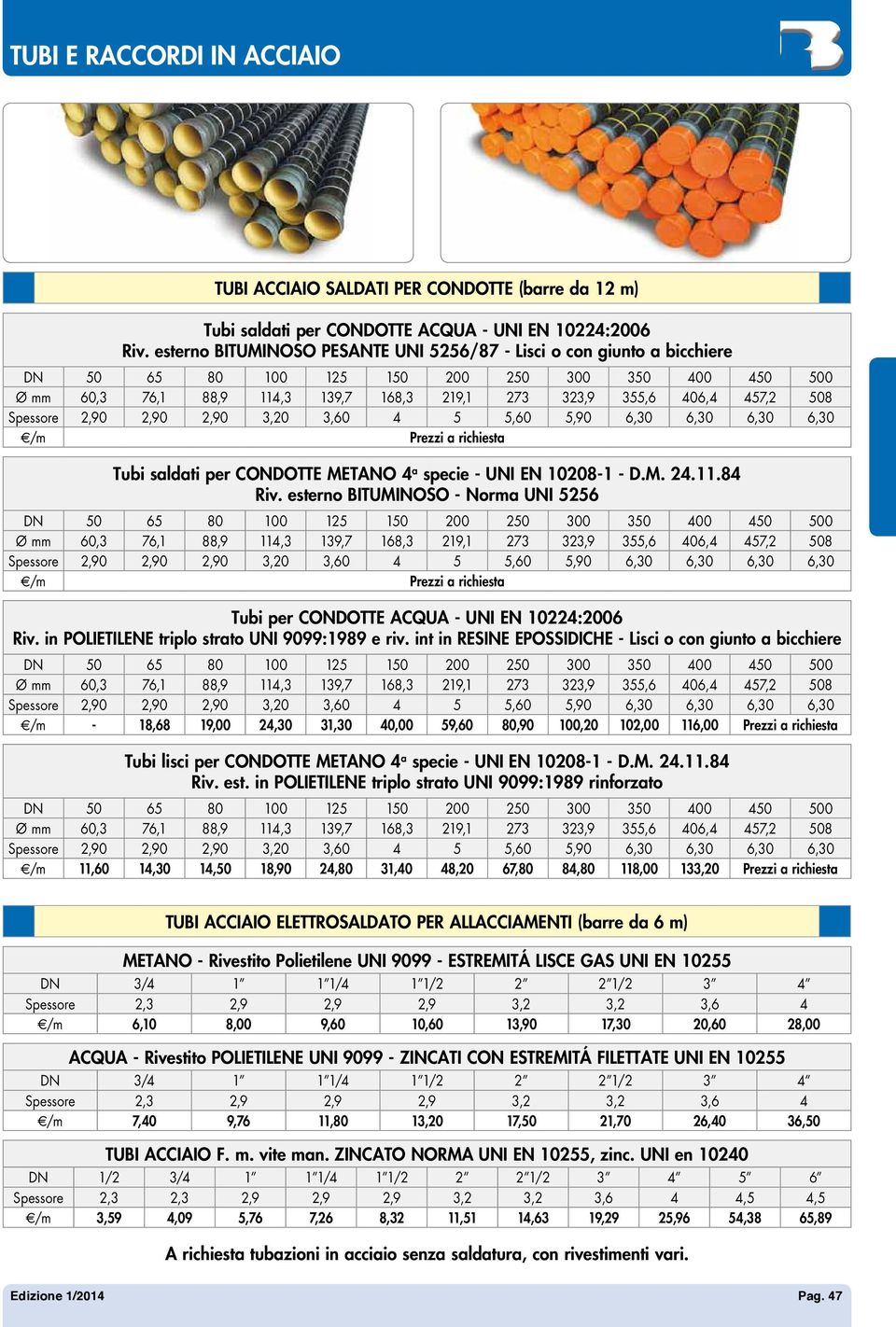 Spessore 2,90 2,90 2,90 3,20 3,60 4 5 5,60 5,90 6,30 6,30 6,30 6,30 /m Prezzi a richiesta Tubi saldati per CONDOTTE METANO 4 a specie - UNI EN 10208-1 - D.M. 24.11.84 Riv.