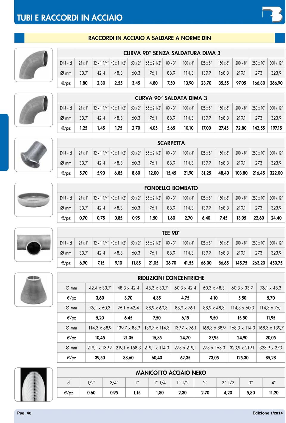 40 x 1 1/2 50 x 2 65 x 2 1/2 80 x 3 100 x 4 125 x 5 150 x 6 200 x 8 250 x 10 300 x 12 Ø mm 33,7 42,4 48,3 60,3 76,1 88,9 114,3 139,7 168,3 219,1 273 323,9 1,25 1,45 1,75 2,70 4,05 5,65 10,10 17,00