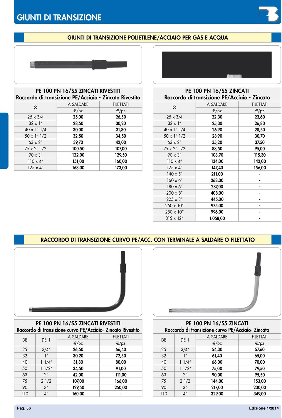 16/S5 ZINCATI Raccordo di transizione PE/Acciaio - Zincato Ø A SALDARE FILETTATI 25 x 3/4 22,30 23,60 32 x 1 25,30 26,80 40 x 1 1/4 26,90 28,50 50 x 1 1/2 28,90 30,70 63 x 2 35,20 37,50 75 x 2 1/2