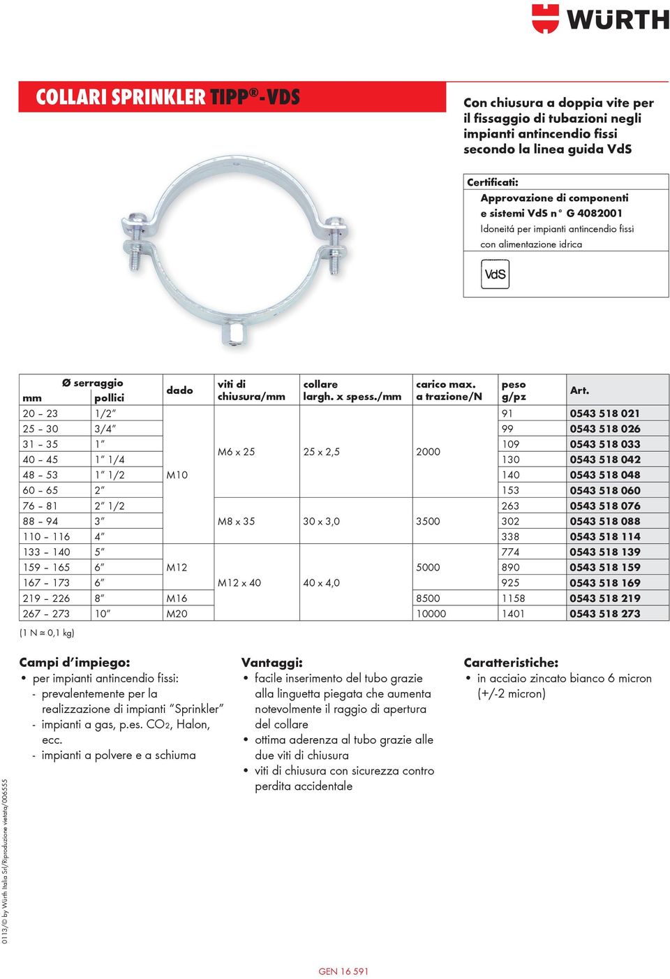 / a trazione/n g/pz 20 23 1/2 91 0543 518 021 25 30 3/4 99 0543 518 026 31 35 1 109 0543 518 033 M6 x 25 25 x 2,5 2000 40 45 1 1/4 130 0543 518 042 48 53 1 1/2 M10 140 0543 518 048 60 65 2 153 0543