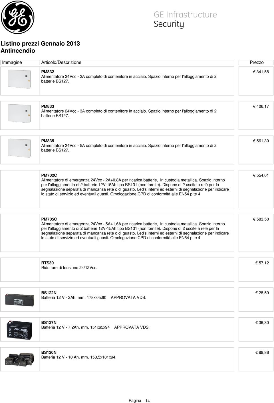 561,30 PM702C Alimentatore di emergenza 24Vcc - 2A+0,8A per ricarica batterie, in custodia metallica. Spazio interno per l'alloggiamento di 2 batterie 12V-15Ah tipo BS131 (non fornite).