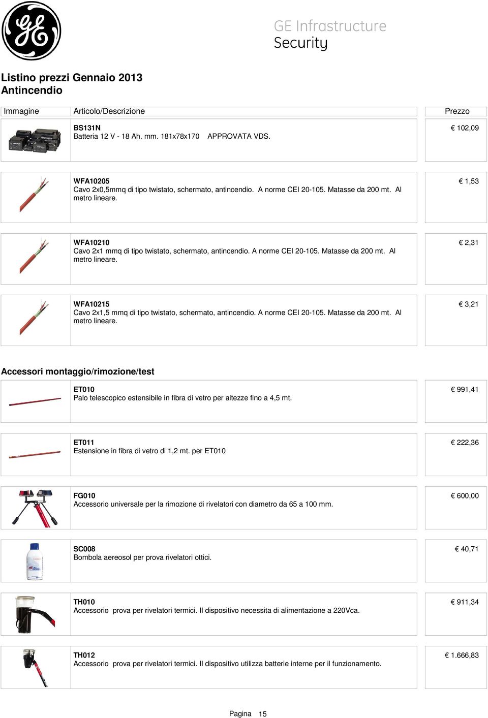 A norme CEI 20-105. Matasse da 200 mt. Al metro lineare. 3,21 Accessori montaggio/rimozione/test ET010 Palo telescopico estensibile in fibra di vetro per altezze fino a 4,5 mt.