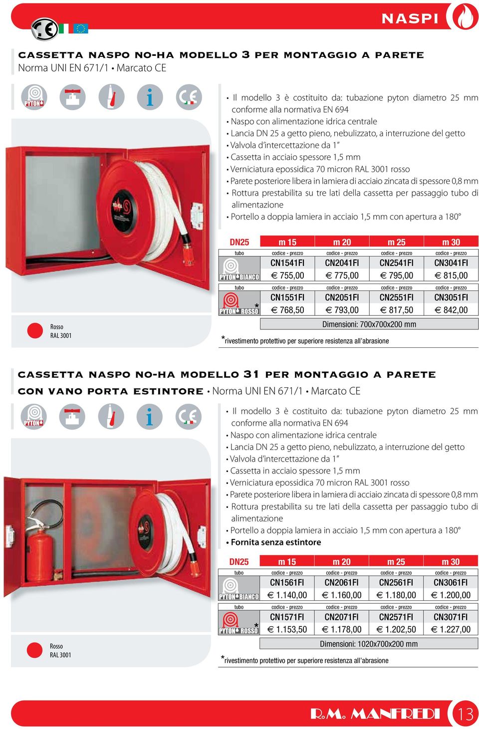 RAL 3001 rosso Parete posteriore libera in lamiera di acciaio zincata di spessore 0,8 mm Rottura prestabilita su tre lati della cassetta per passaggio tubo di alimentazione Portello a doppia lamiera