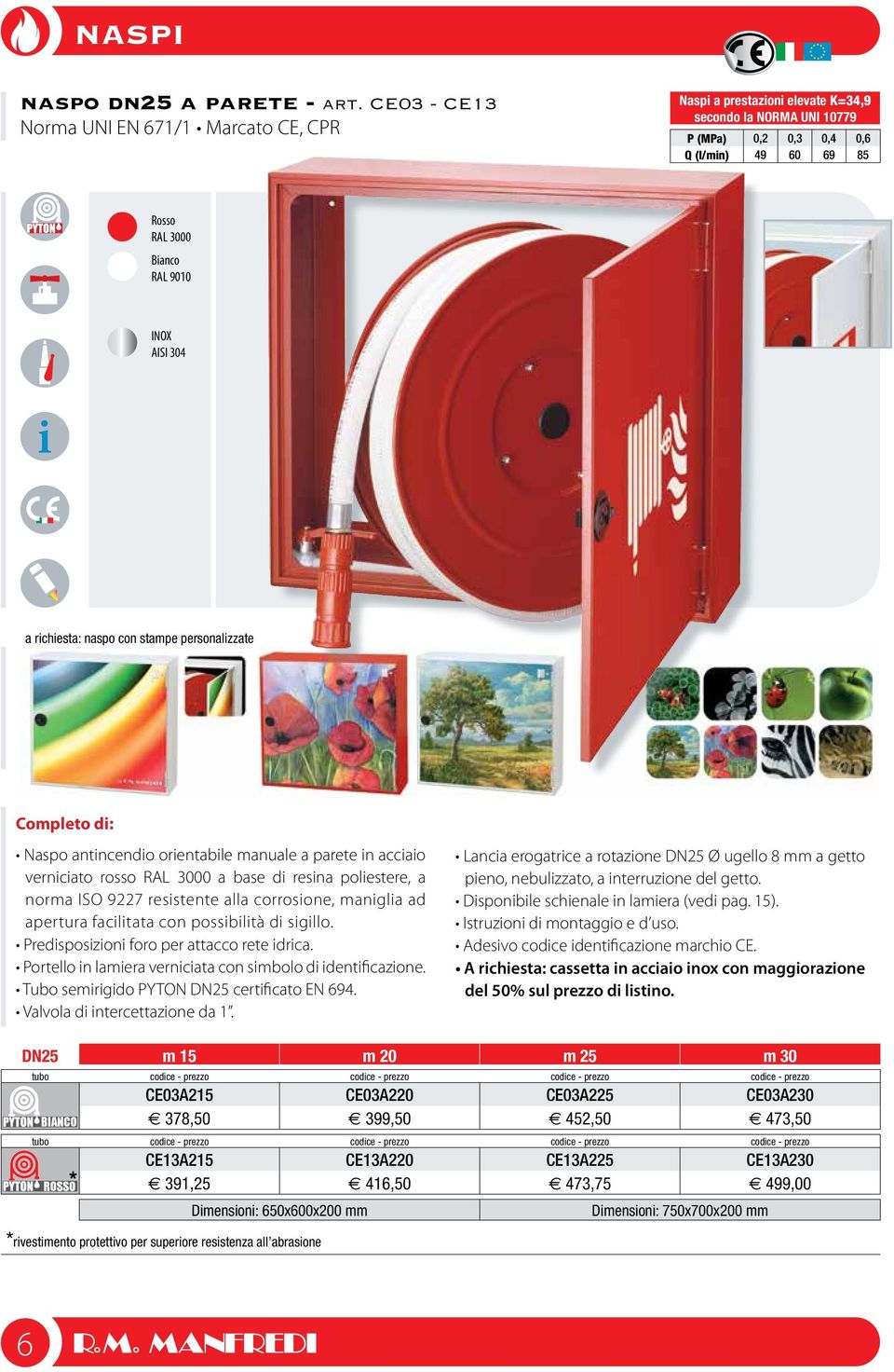 a richiesta: naspo con stampe personalizzate Completo di: Naspo antincendio orientabile manuale a parete in acciaio verniciato rosso RAL 3000 a base di resina poliestere, a norma ISO 9227 resistente