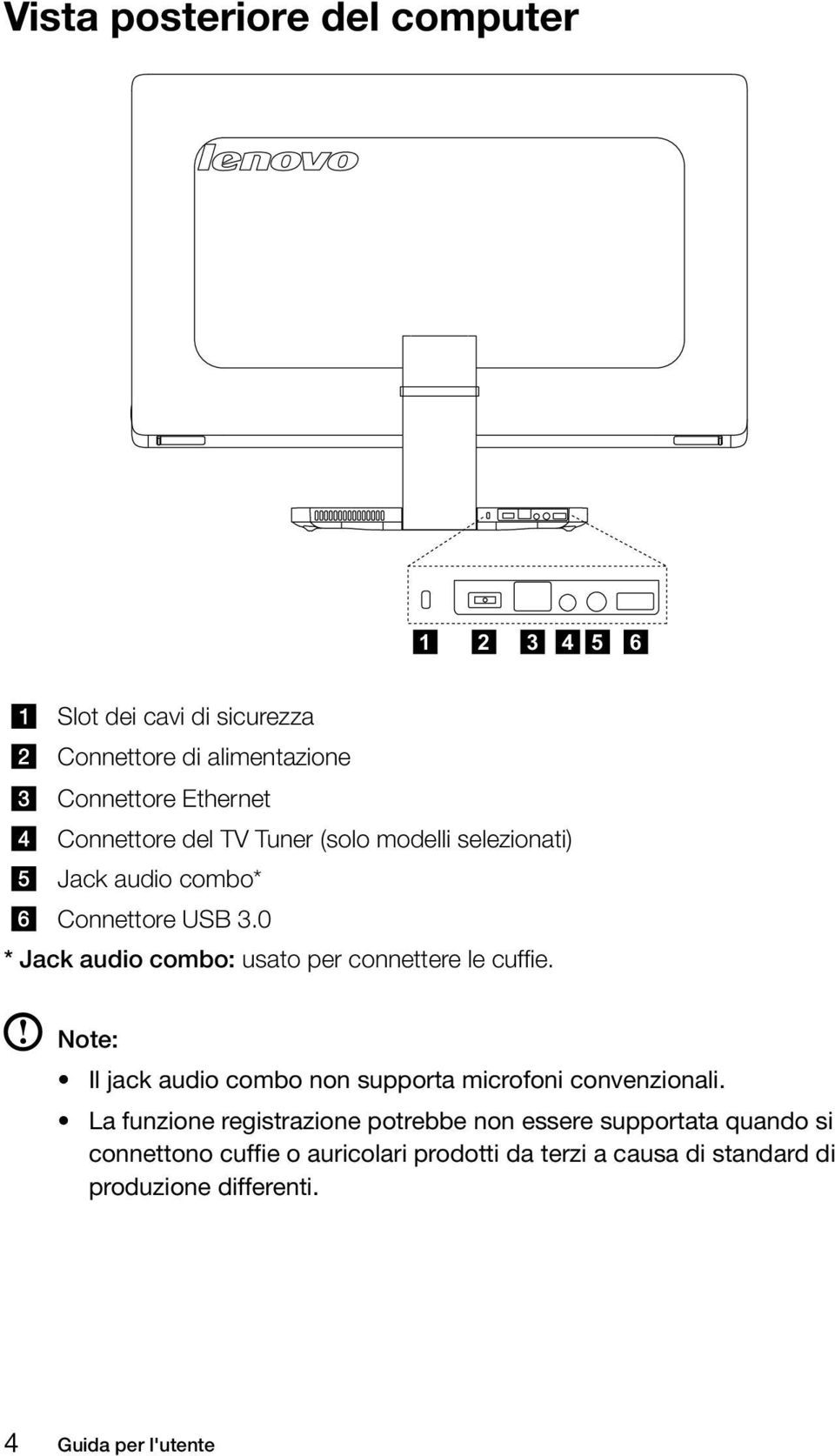 0 * Jack audio combo: usato per connettere le cuffie. Note: Il jack audio combo non supporta microfoni convenzionali.