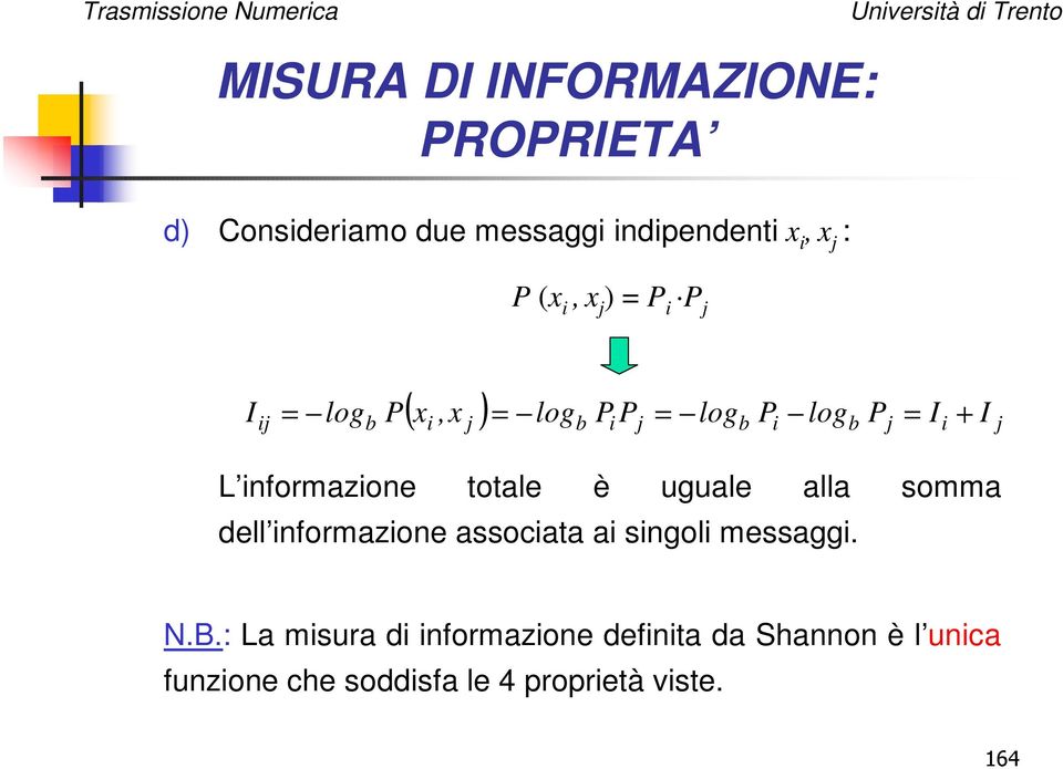 informazione totale è uguale alla somma dell informazione associata ai singoli messaggi. N.B.