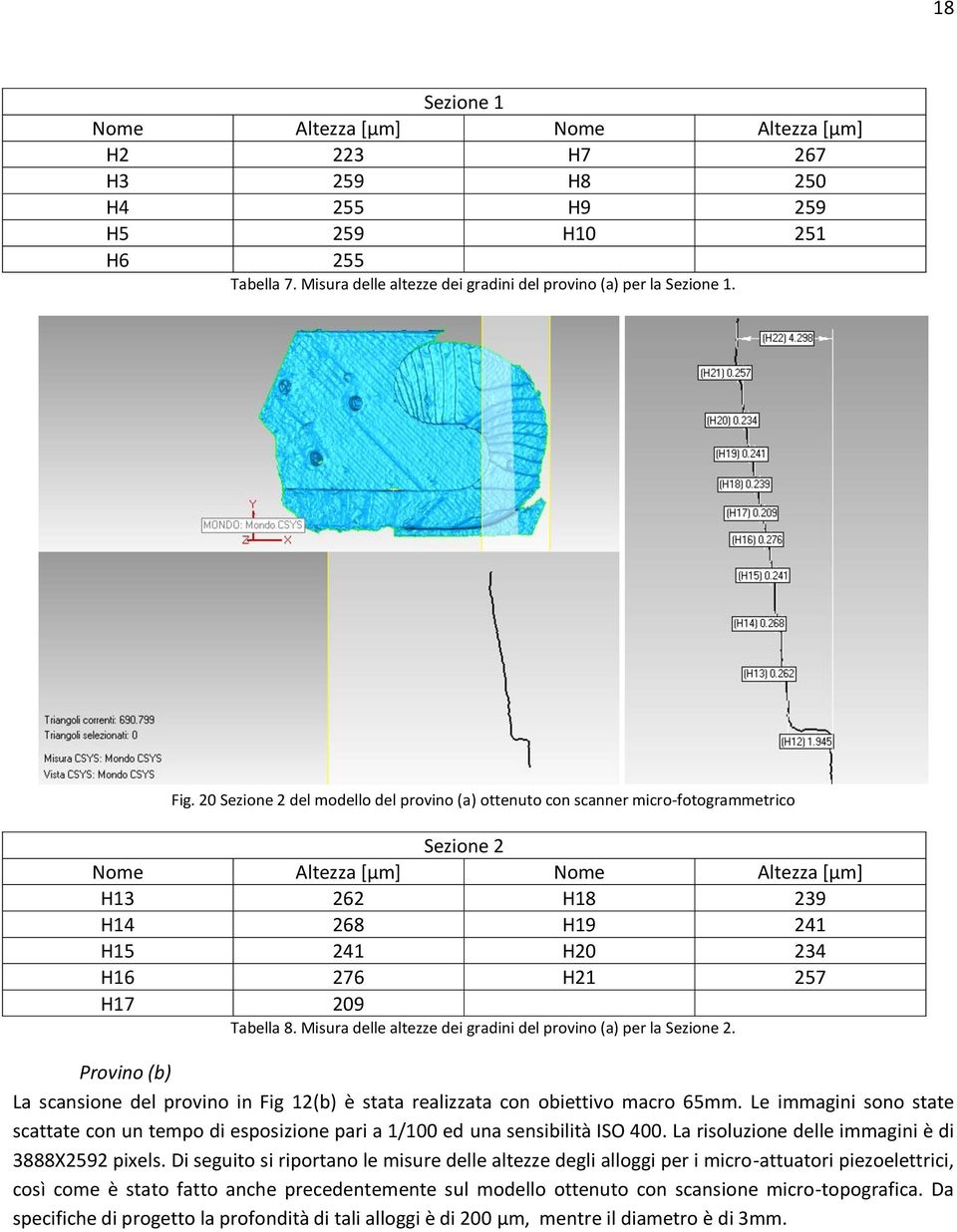 209 Tabella 8. Misura delle altezze dei gradini del provino (a) per la Sezione 2. Provino (b) La scansione del provino in Fig 12(b) è stata realizzata con obiettivo macro 65mm.