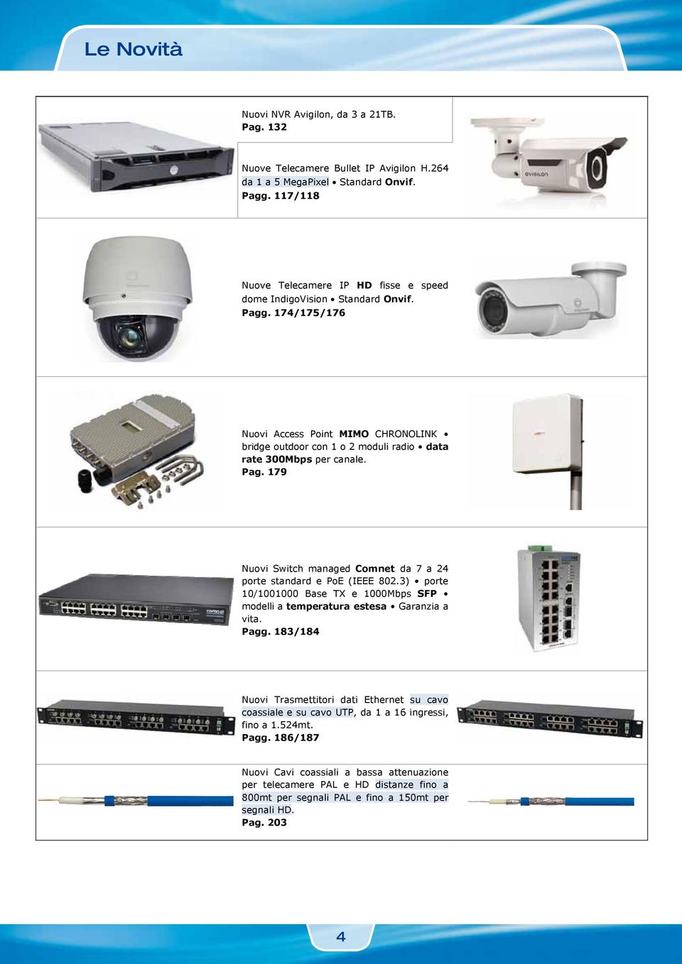 174/175/176 Nuovi Access Point MIMO CHRONOLINK bridge outdoor con 1 o 2 moduli radio data rate 300Mbps per canale. Pag. 179 Nuovi Switch managed Comnet da 7 a 24 porte standard e PoE (IEEE 802.