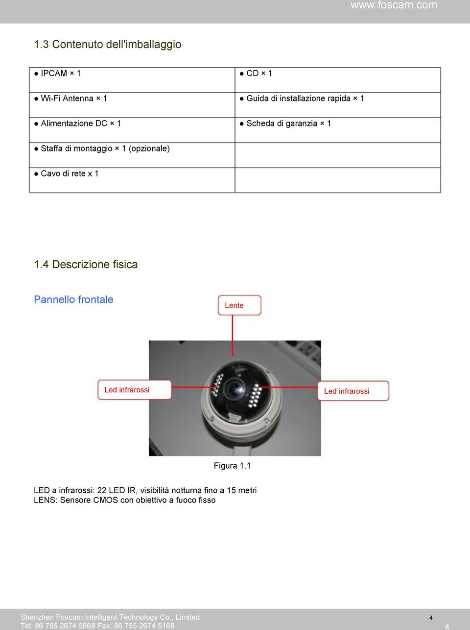 4 Descrizione fisica Pannello frontale Lente Led infrarossi Led infrarossi Figura 1.