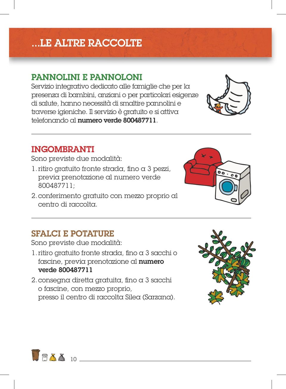 ritiro gratuito fronte strada, fino a 3 pezzi, previa prenotazione al numero verde 800487711; 2. conferimento gratuito con mezzo proprio al centro di raccolta.