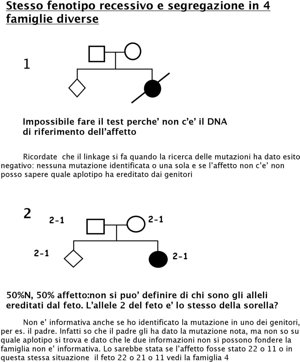 puo definire di chi sono gli alleli ereditati dal feto. L allele 2 del feto e lo stesso della sorella? Non e informativa anche se ho identificato la mutazione in uno dei genitori, per es. il padre.