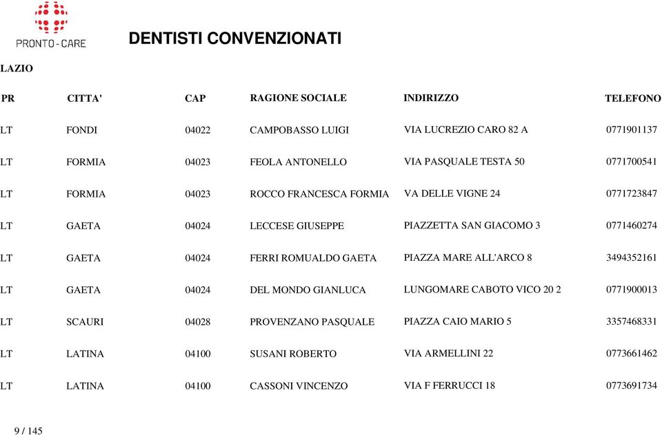 GAETA PIAZZA MARE ALL'ARCO 8 3494352161 LT GAETA 04024 DEL MONDO GIANLUCA LUNGOMARE CABOTO VICO 20 2 0771900013 LT SCAURI 04028 PROVENZANO PASQUALE